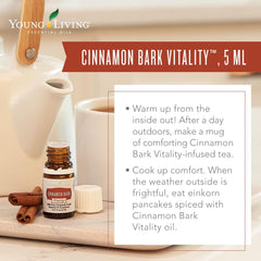 Young Living Cinnamon Bark Vitality bottle and dropper illustrate precise aroma dosing for recipes.