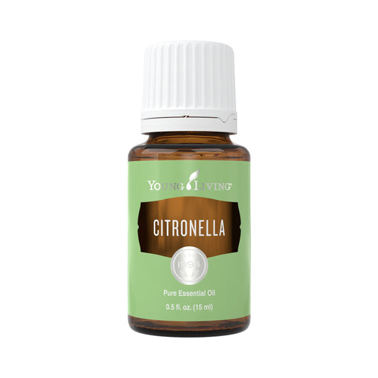 Young Living Citronella essential oil bottle closeup for outdoor fragrance and freshness.