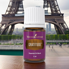 Young Living Gratitude label close-up highlights pure essential oil.