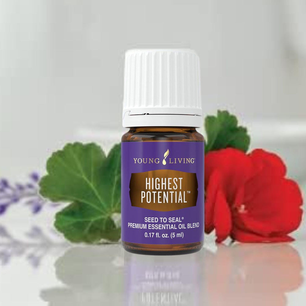 Closeup of the Young Living Highest Potential oil label highlighting purity and blend.