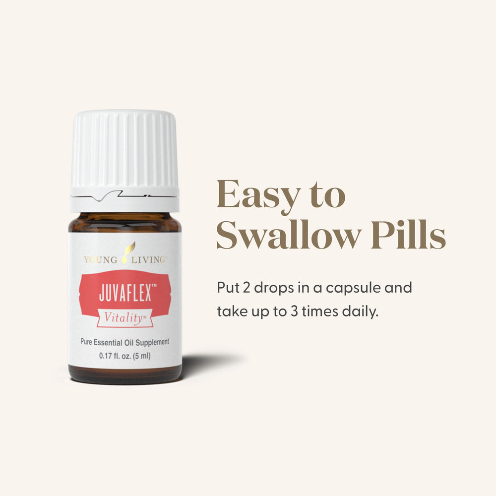 Young Living JuvaFlex Vitality bottle with glass and herbs signals gentle, effective wellness support.