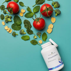 Young Living JuvaPower bottle label close-up highlighting premium essential oils.