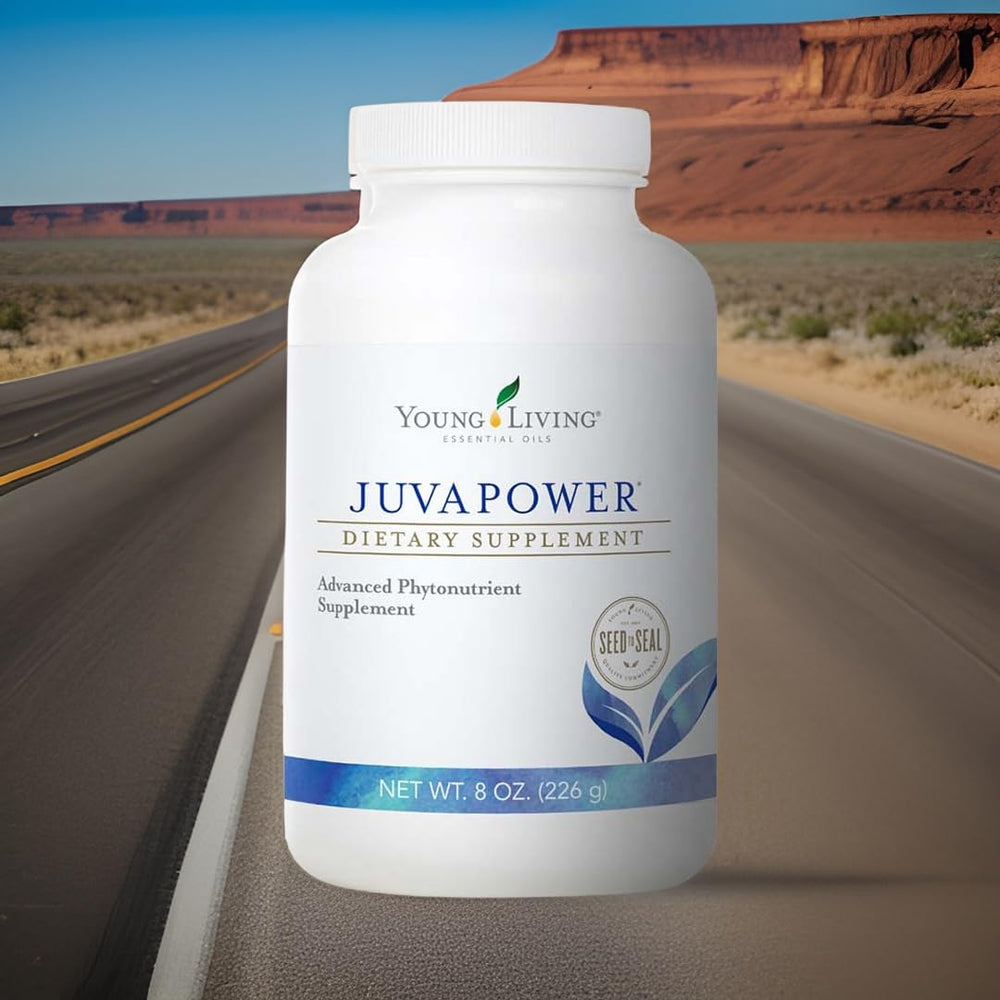 Young Living JuvaPower glass with water showing easy mix into daily routine.