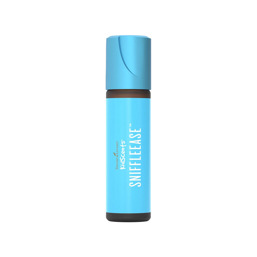 Young Living KidScents SniffleEase roll-on bottle shows soothing essential oil blend for on-the-go comfort.