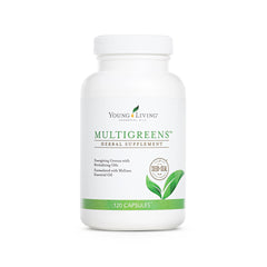 Young Living MultiGreens capsules bottle highlighting nutritious greens for daily vitality.