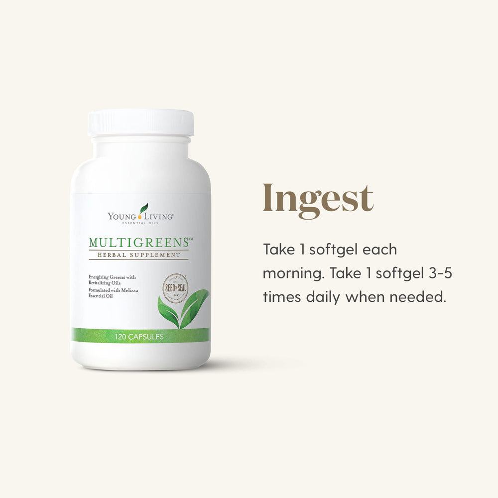 Young Living MultiGreens label closeup showing purity and brand commitment.