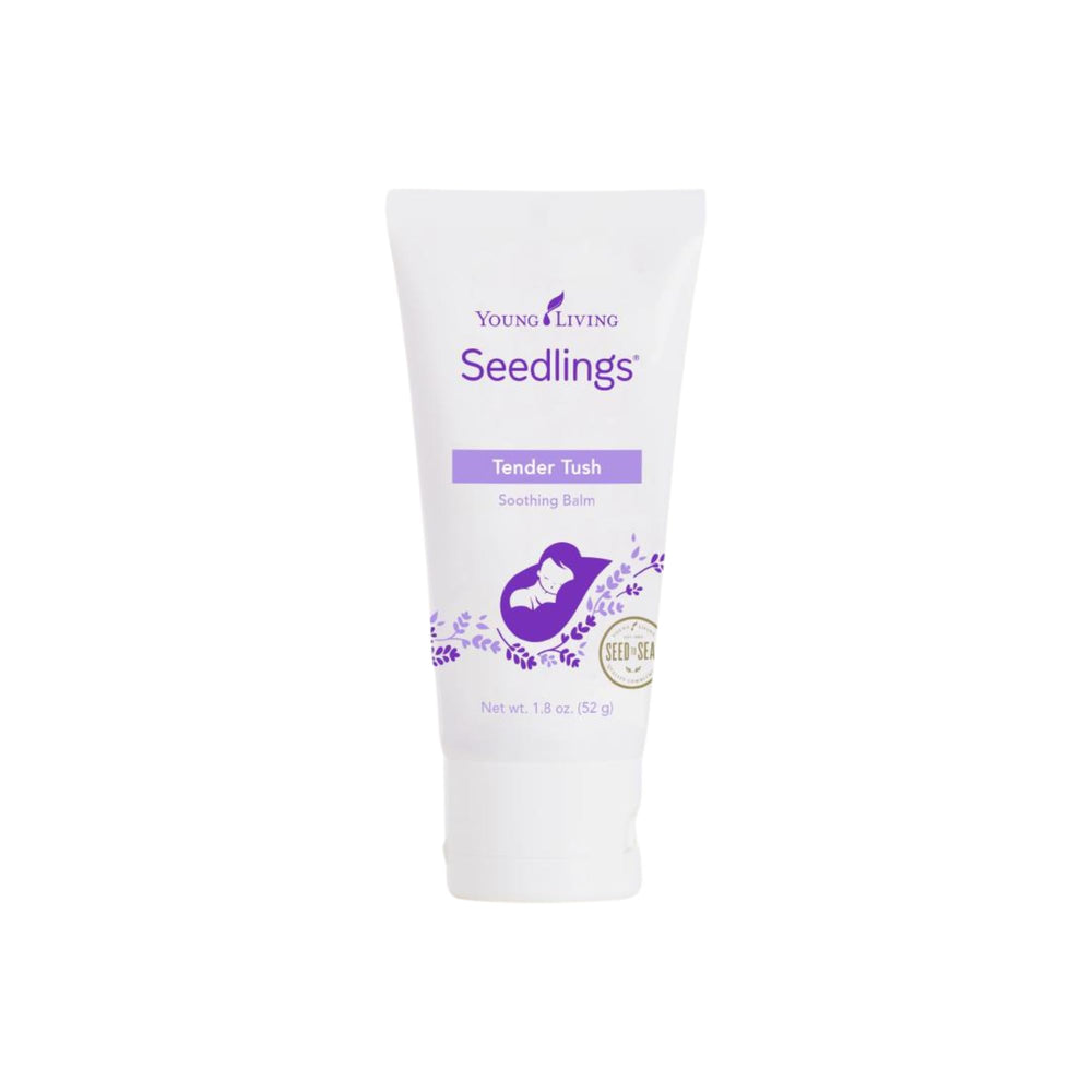Young Living Seedlings Tender Tush balm bottle ready for gentle diaper-area application.