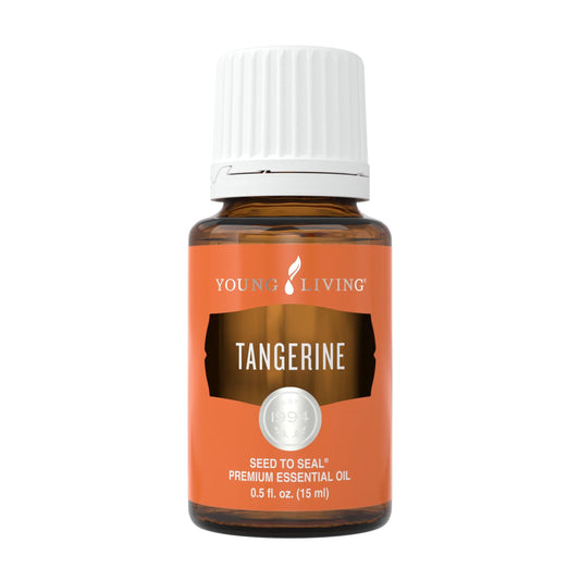 Young Living Tangerine 15ml bottle closeup showing vibrant aroma and mood lift potential