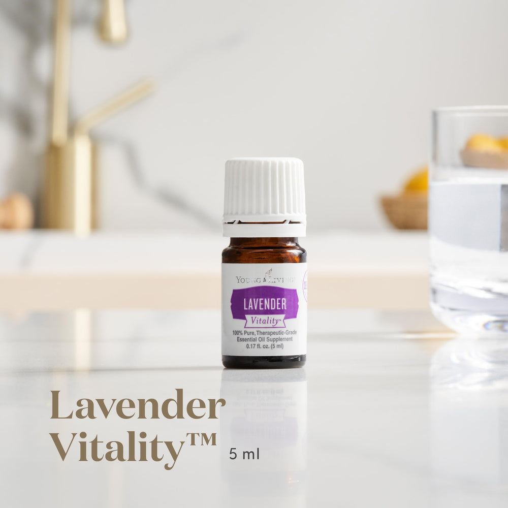 Close-up of lavender essential oil bottle label