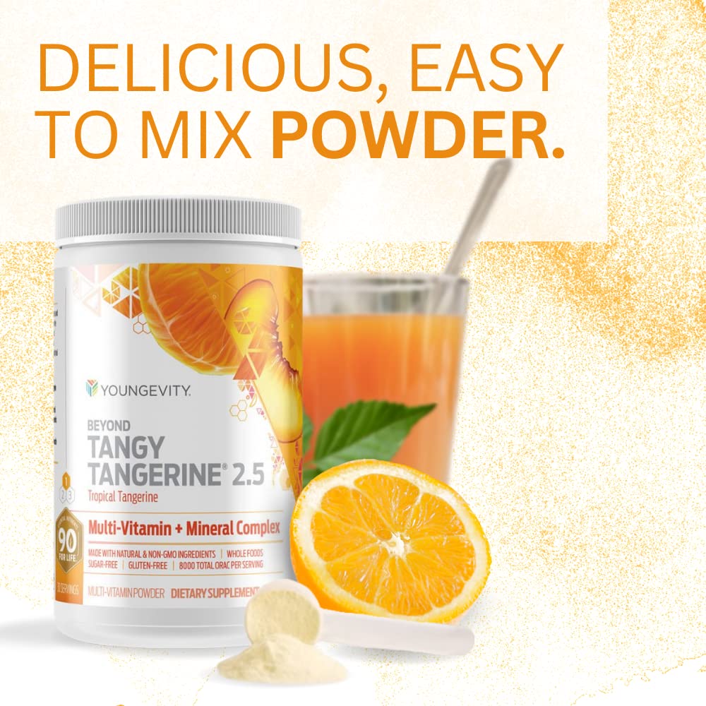 Youngevity Beyond Tangy Tangerine 2.5 ingredient panel showing non-GMO whole foods.