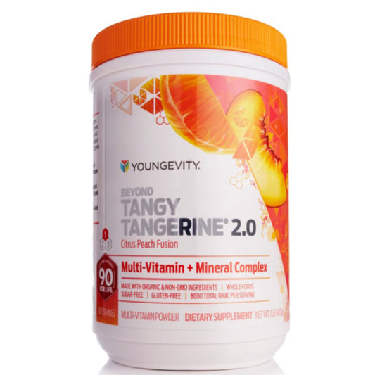 Youngevity Tangy Tangerine 2.0 Citrus Peach Fusion bottle on white