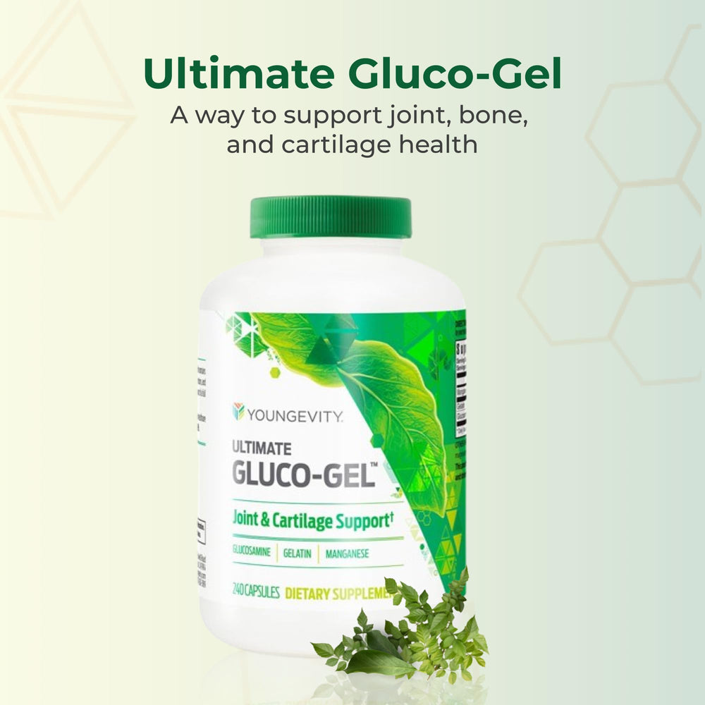Youngevity Ultimate Gluco-Gel capsules show gelatin and glucosamine for joints.