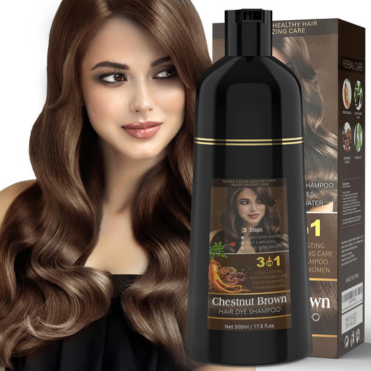 Youpiel Hair Dye Shampoo Chestnut Brown application shows at-home color and nourished strands.