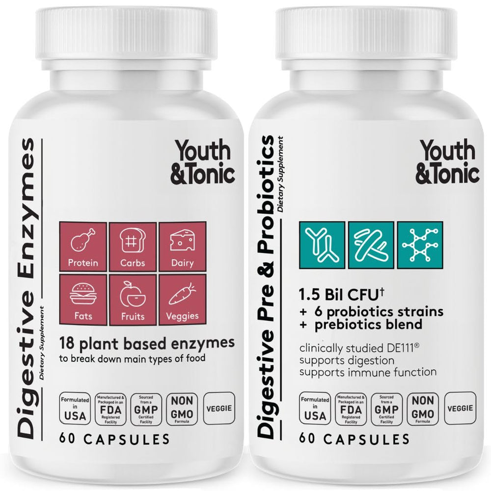 Front view of Youth & Tonic Digestive Supplement bottle