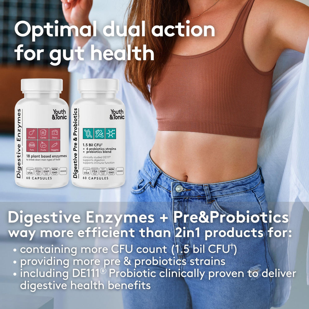 Illustration of enzymes, probiotics and prebiotics for gut health