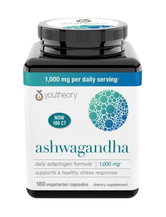 Bottle of Youtheory Ashwagandha 1000mg with KSM-66 and 180 capsules