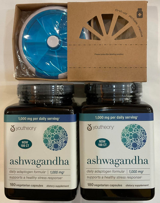 Youtheory Ashwagandha 1000mg with KSM-66 bottle displaying 180 capsules pack 2