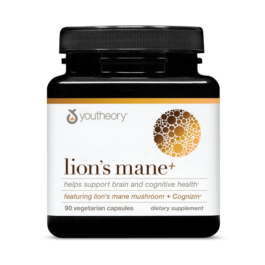 Front view of Youtheory Lion’s Mane+ Capsule bottle