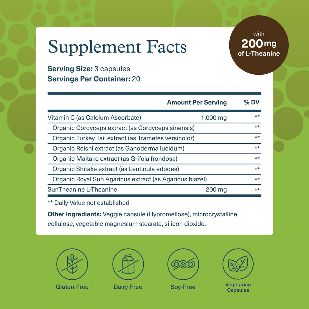 Label highlighting 200 mg SunTheanine L-Theanine per serving