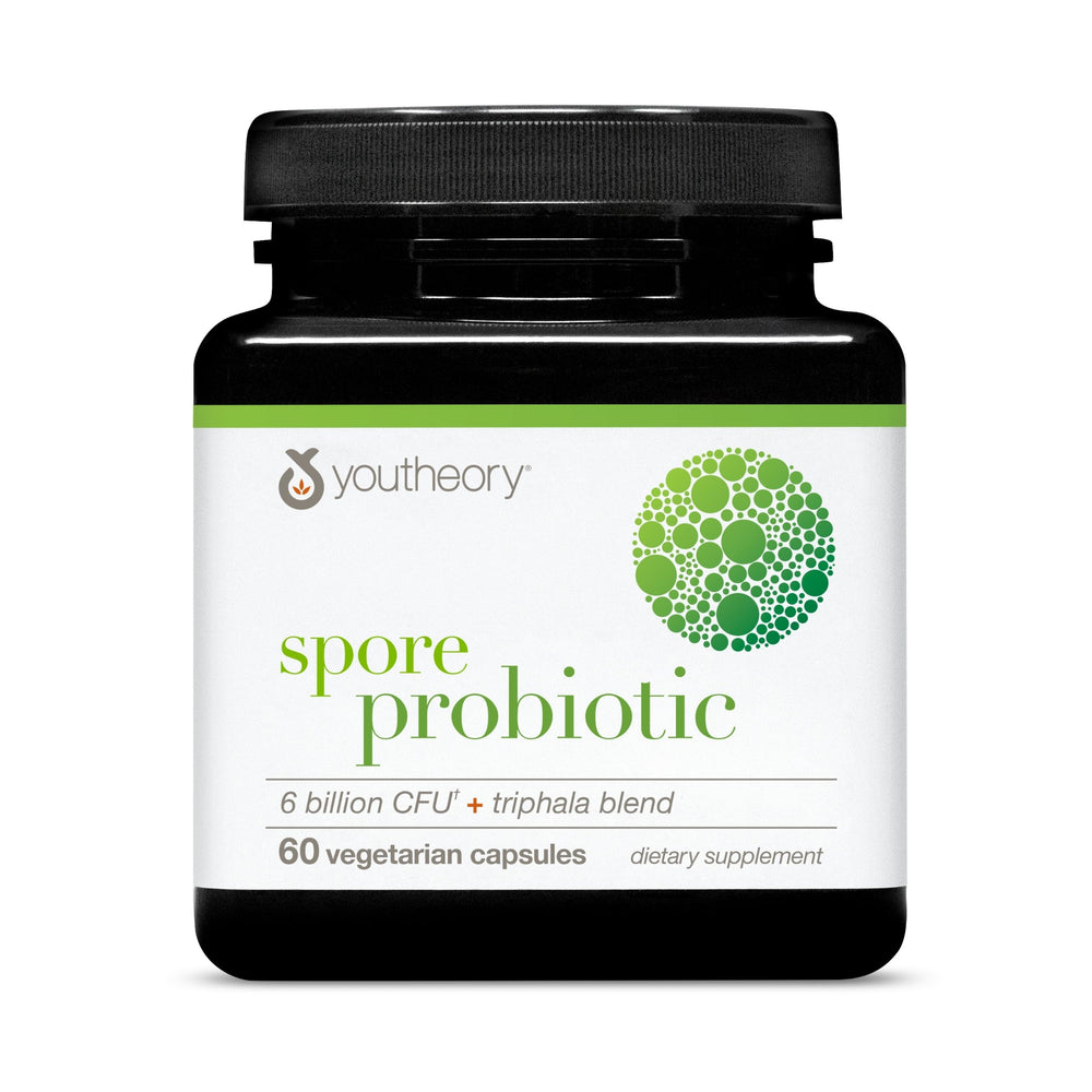 Front view of Youtheory Spore Probiotic bottle with 60 vegetarian capsules