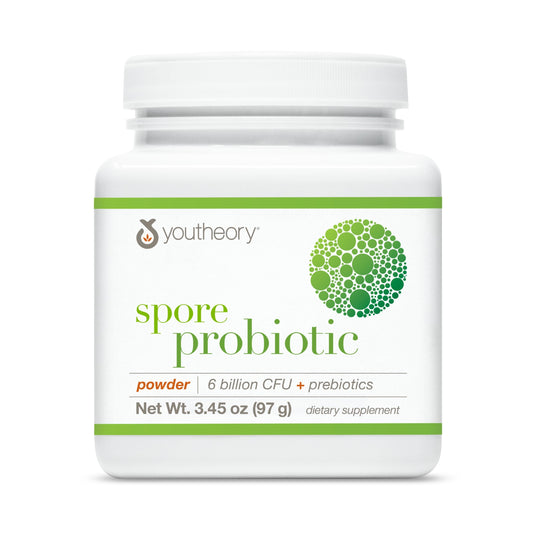 Youtheory Spore Probiotic Powder bottle and 3.45 oz box hero image