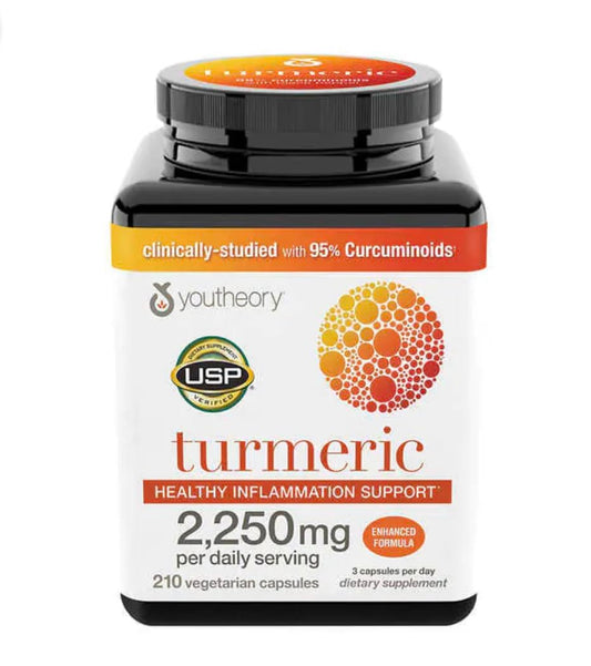 Bottle of Youtheory Turmeric Curcumin with BioPerine, 2250 mg, 210 capsules