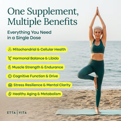 Close-up of the 6-in-1 vitality formula ingredients: Urolithin-A, Shilajit, Sea Moss, Ashwagandha, Tongkat Ali, Muira Puama