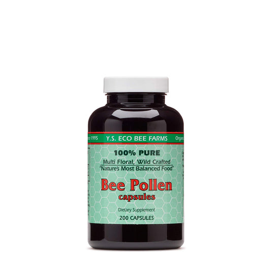 Main image: YS BEE FARMS Bee Pollen bottle with 550 mg capsules