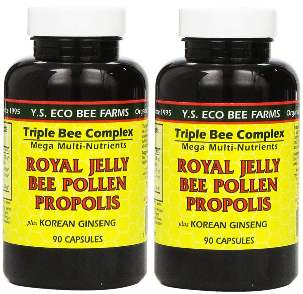 YS Eco Bee Farms Royal Jelly Bee Pollen Propolis plus Korean Ginseng 90 Capsules Pack of 2 bottle label