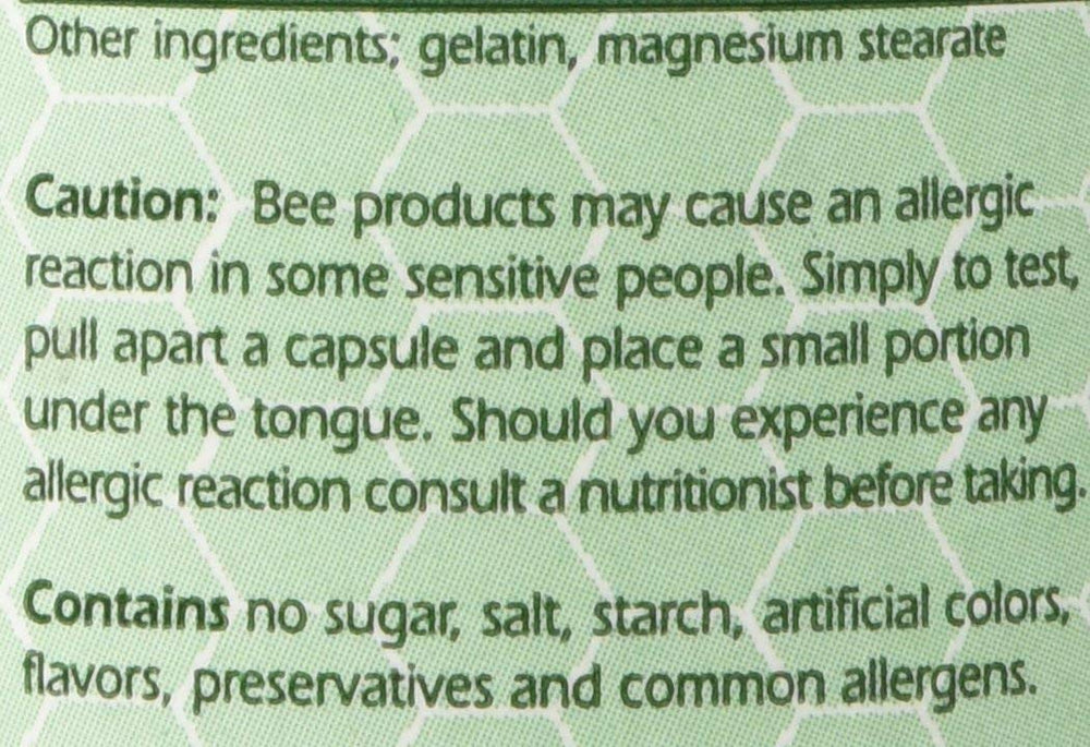 Close-up of Bee Pollen capsules and bottle label