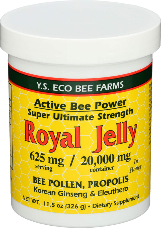 Front view of Y.S. Eco Bee Farms Royal Jelly in Honey Ult Strength 11.5 oz jar