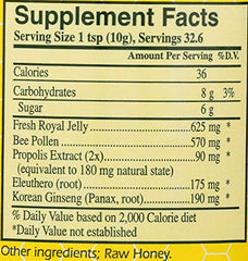 11.5 oz royal jelly honey jar with serving information