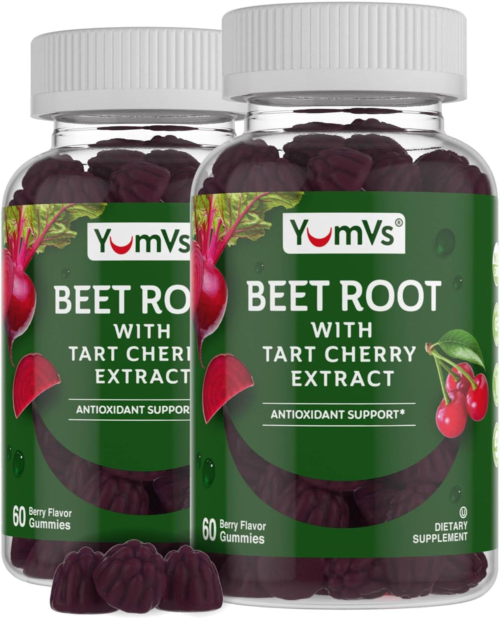 Bottle of YUM-V'S Beet Root Gummies Tart Cherry Berry flavor on a clean background