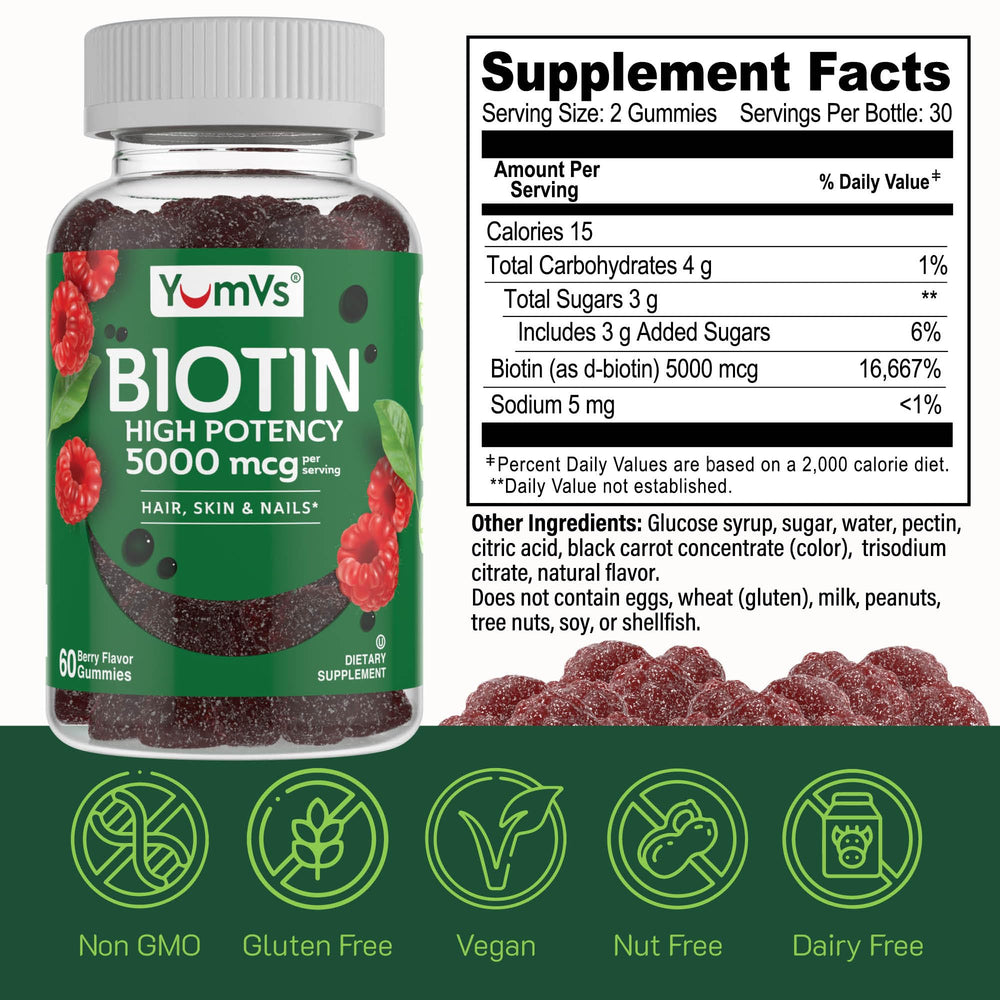 Assorted YumVs Biotin Gummies in a clear bottle with raspberry illustration