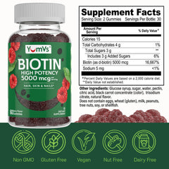 Assorted YumVs Biotin Gummies in a clear bottle with raspberry illustration