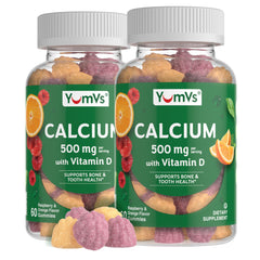 Front view of YumVs Calcium 500mg with Vitamin D3 Gummies in Raspberry and Orange flavor