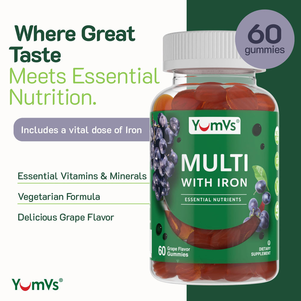 Back label of YUM-V'S Iron Gummies showing ingredients