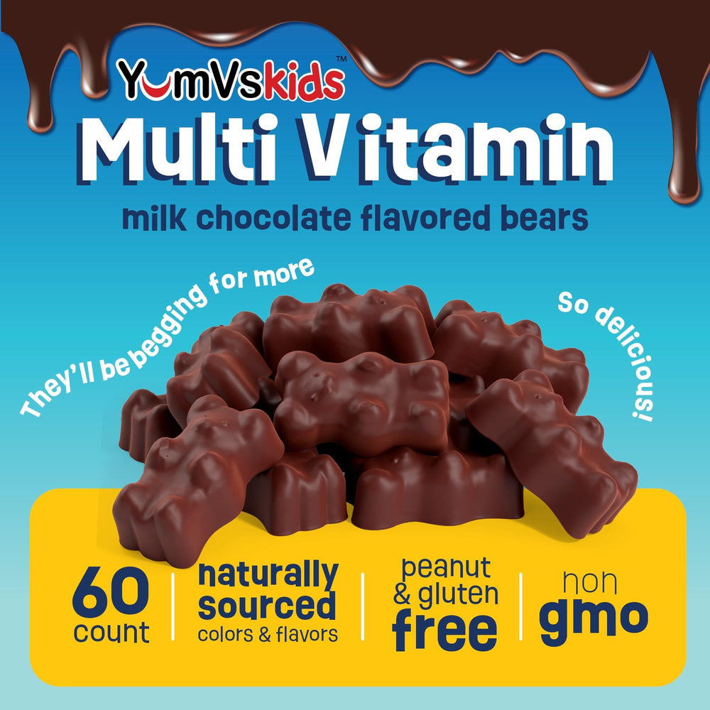 Back packaging details for YUM-V'S Kids Multivitamin Chocolate Bears, 60-count