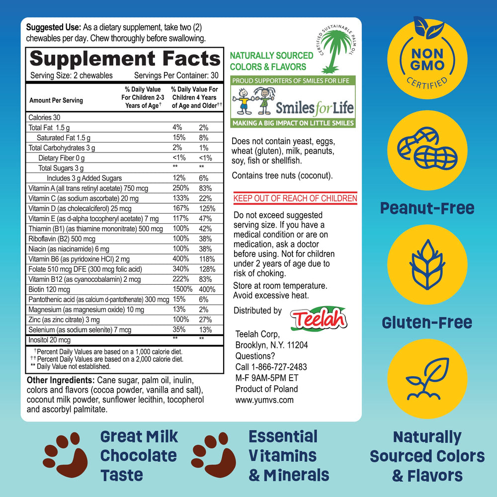 Individual foil packet packaging of YUM-V'S Kids Multivitamin Chocolate Bears