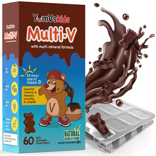 Front packaging image of YUM-V'S Kids Multivitamin Chocolate Bears, 60-count
