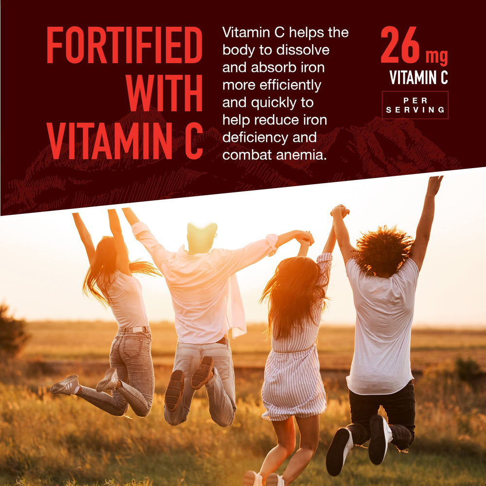 Label showing vitamin C and iron content on bottle