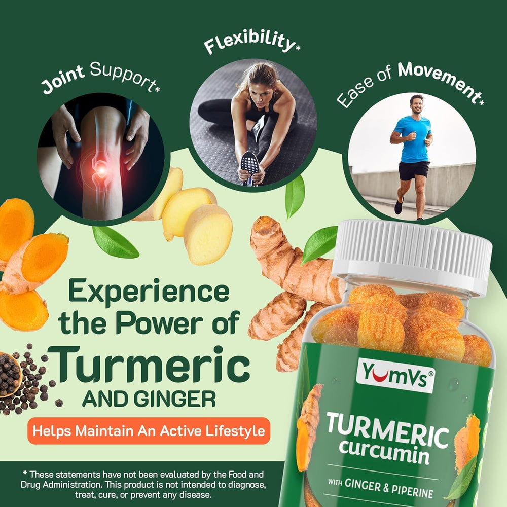 Bottle of YumV’s Peach Flavor Turmeric Gummies showing gluten-free and vegetarian attributes