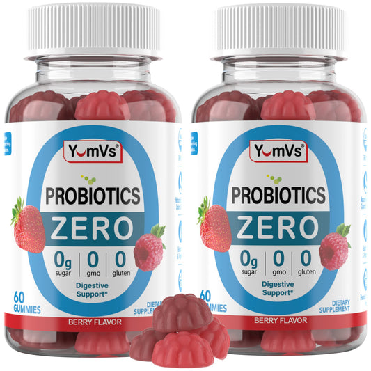 Front packaging of YUM-V'S Zero Sugar Probiotic Gummies