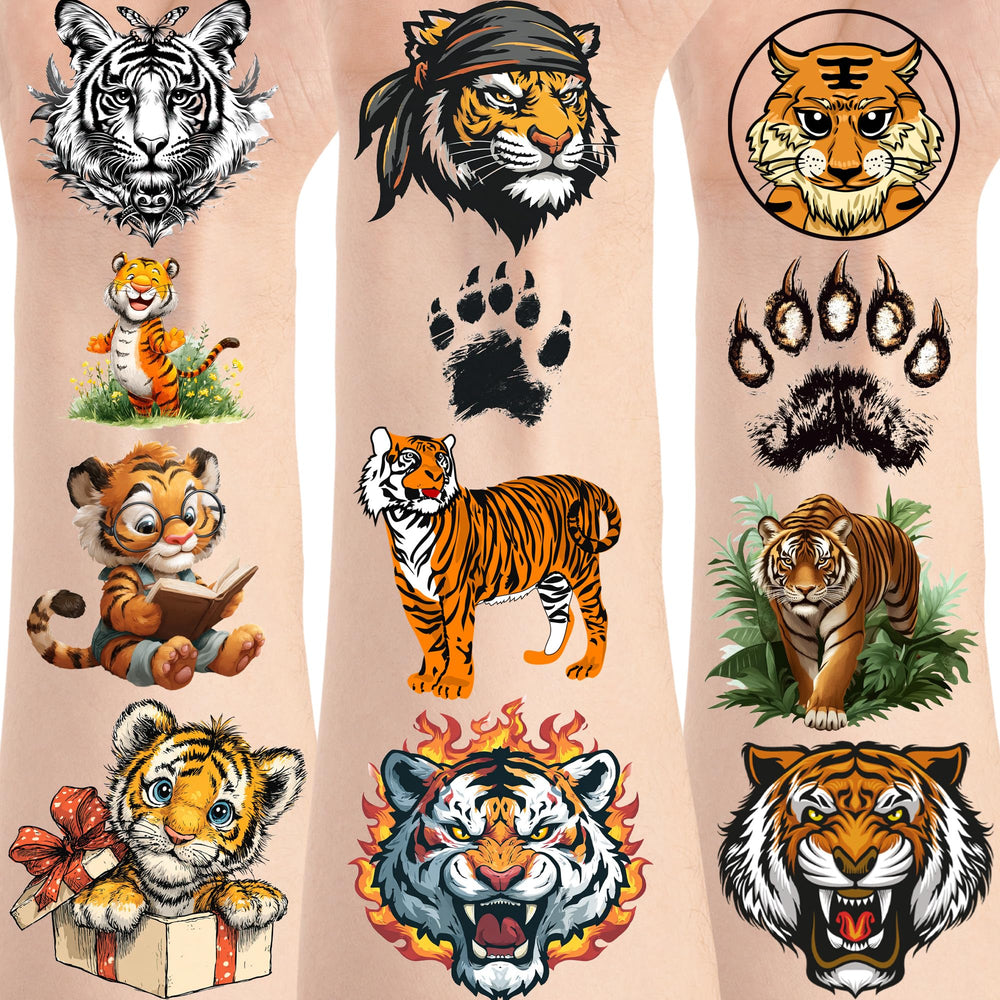 Yunahoo tiger tattoo sheet with bold jungle designs for quick party favors.