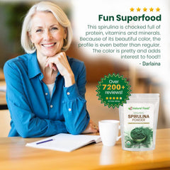 Shelf-stable organic spirulina powder on a clean background