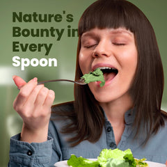 Nutrition facts and quality seal on spirulina powder packaging