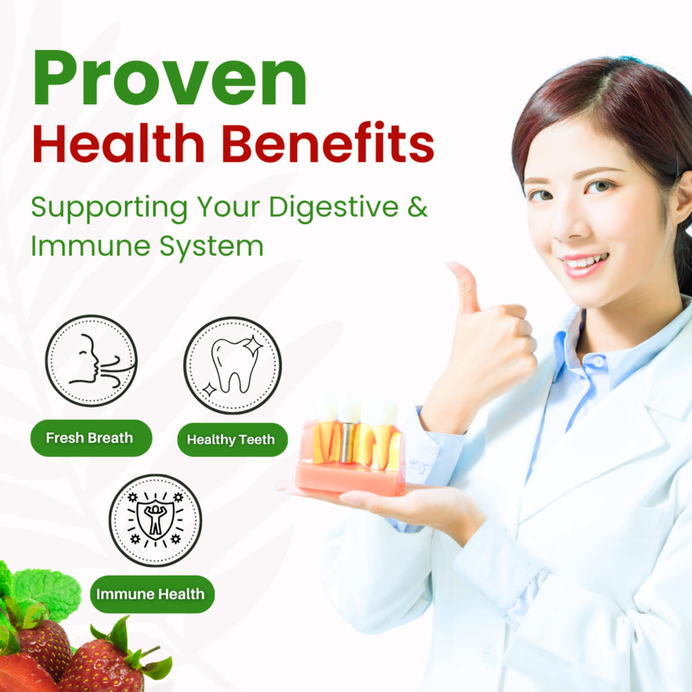 Strawberry-mint flavored chewable tablet close-up