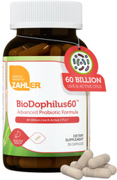 Zahler Biodophilus bottle showing 60 billion live cultures per serving