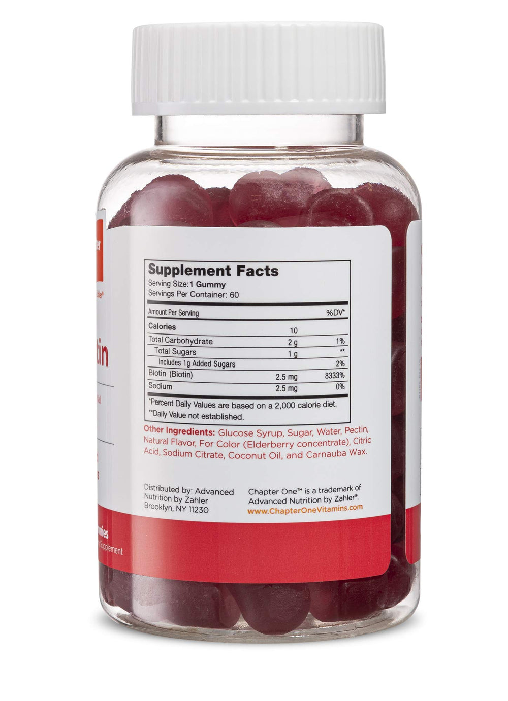 Back label of Zahler Chapter One Biotin Gummies bottle