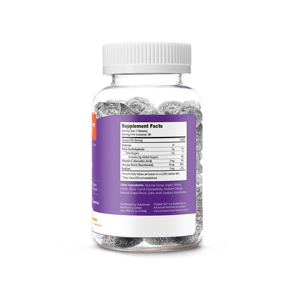 Back label of Zahler Chapter Six Iron Gummies bottle